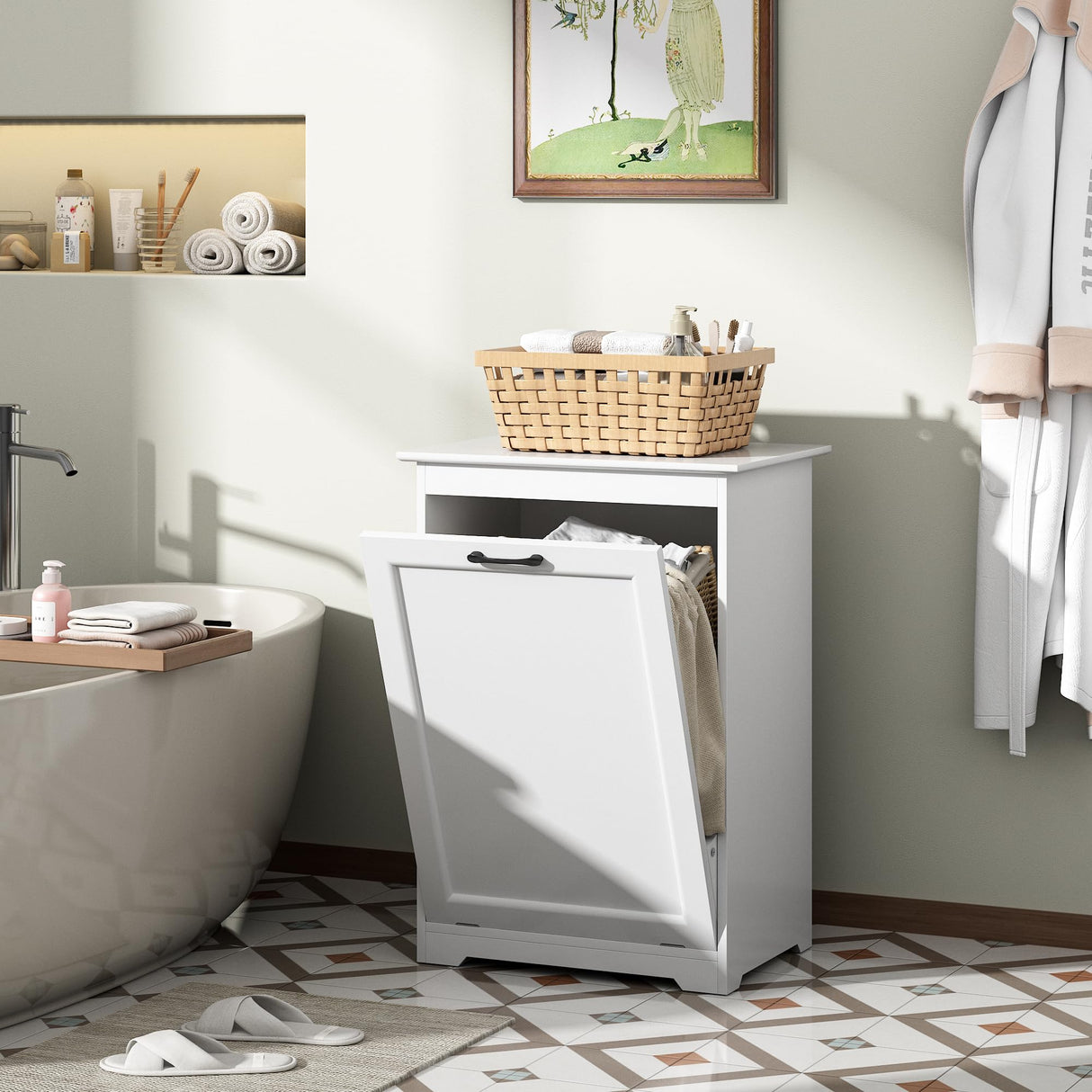 JAXPETY Tilt Out Trash Cabinet Kitchen Trash Can Holder Wood Laundry Hamper Recycling Trash Cabinet with Angle Adjustable Door, White JAXPETY