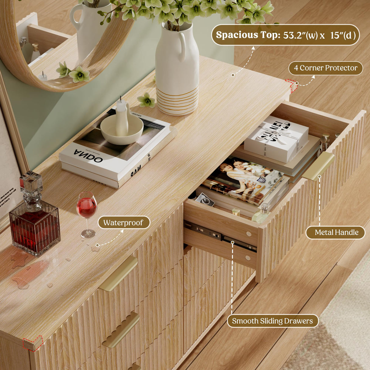 Lulive Dresser for Bedroom Wood Dressers Chest of Drawers, Fluted 53.2" Wide Modern Long Dresser TV Stand 6 Drawers for Bedroom, Closet, Living Room, Hallway (Natural) Lulive