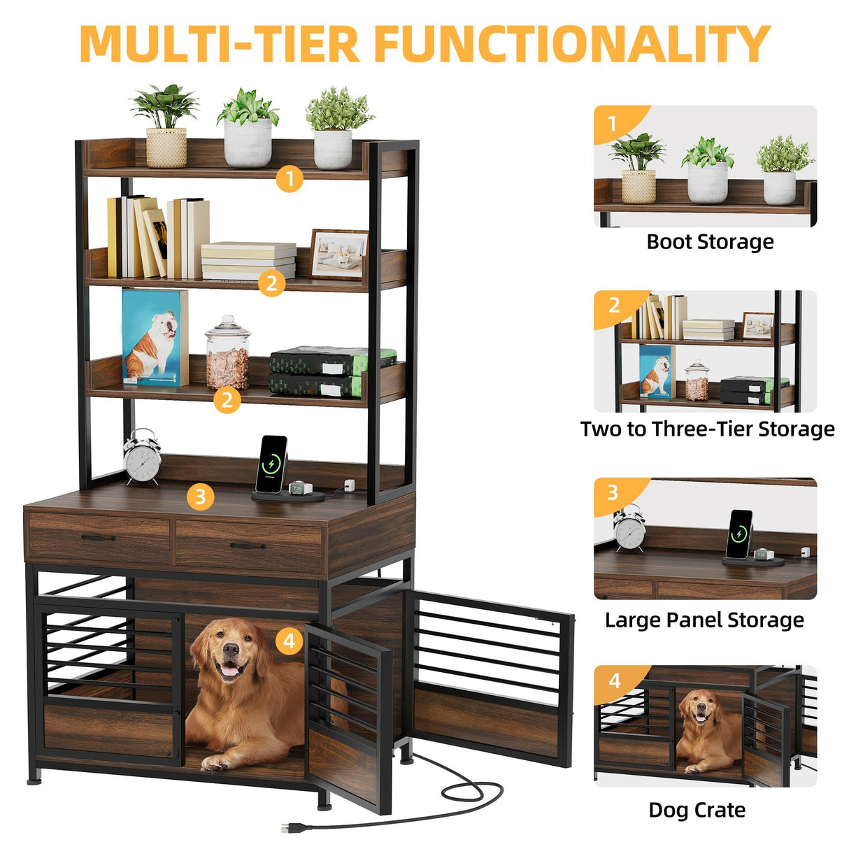 DWVO Dog Crate Furniture with Storage Shelves, Heavy Duty Dog Crate with Drawers & Charging Station, 39 Inch Dog Kennel Indoor Furniture for Large Dogs, Modern Dog Crate with Double Doors, Brown DWVO