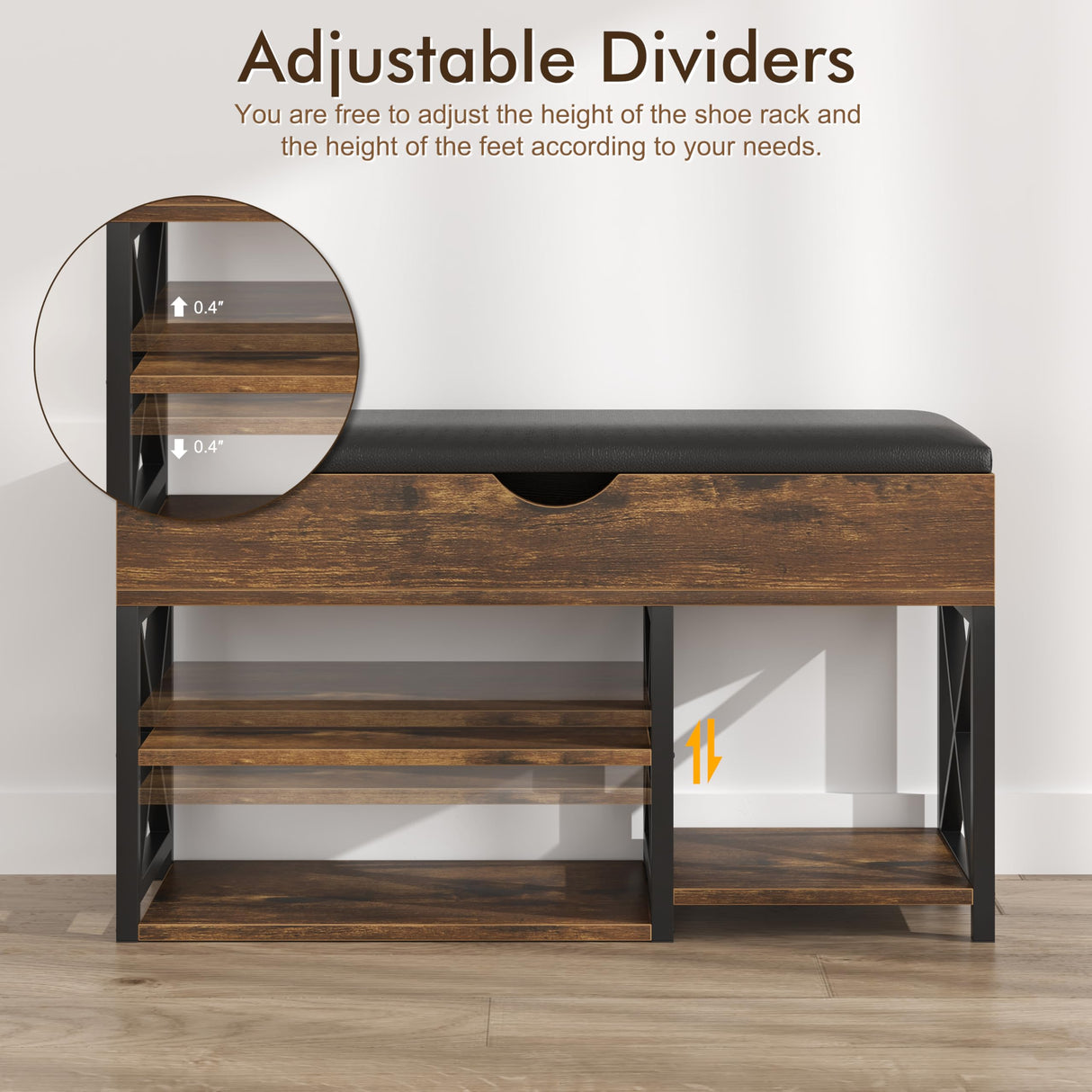 NUNU LAB Shoe Storage Bench, Multifunctional Entryway Bench with 3-Tier Shoe Rack & Cushioned Seat, Shoe Rack for Front Door Entrance, Brown NUNU LAB