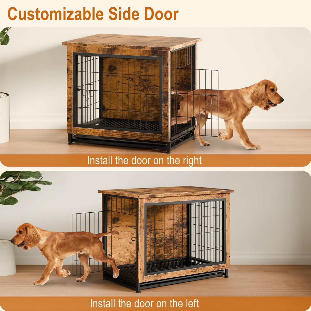 Vongrasig Dog Crate Furniture, Side End Table, Modern Wooden Kennel for Dogs Indoor, Heavy-Duty Dog Cage with Multi-Purpose Removable Tray, Double-Door Dog House, Rustic Brown Vongrasig