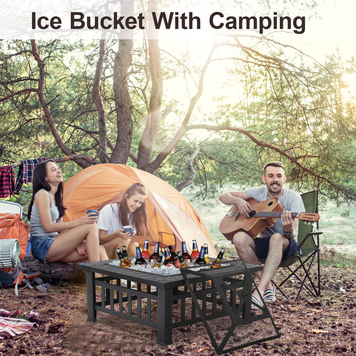 Outdoor Fire Pit 32 Inch Square Metal Firepit Mutltifunctional Fire Pit with Mesh Cover Poker for Outside Backyard Gathering Camping Bonfire, Fireplace for Outdoor Heating Patio Garden FDW