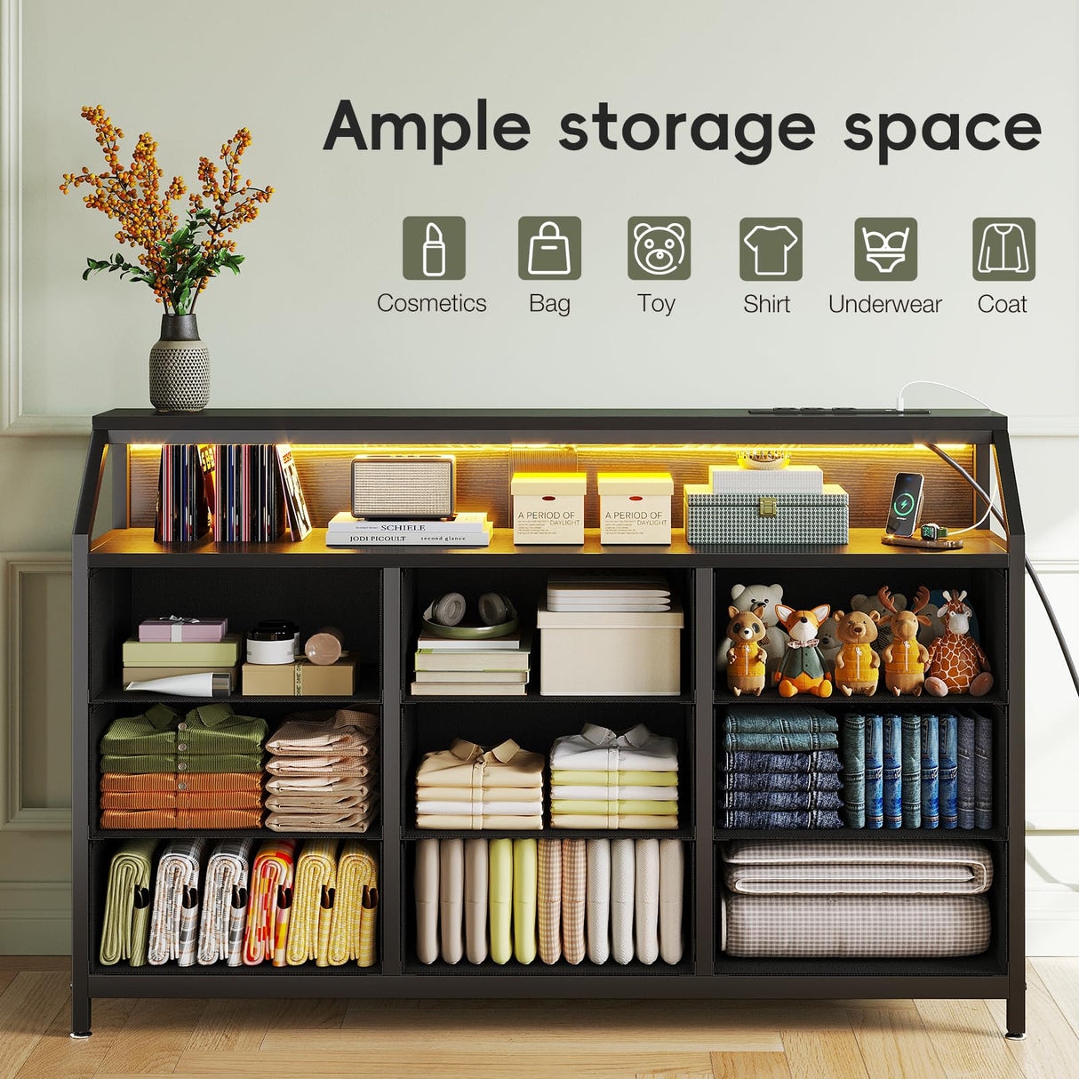 KKL Dresser for Bedroom with LED Lights, 9 Drawer Bedroom Dresser with Charging Station, Fabric Dressers & Storage Chest of Drawers with Shelves for Closet, Sturdy Steel Frame Wooden Top, Black KKL