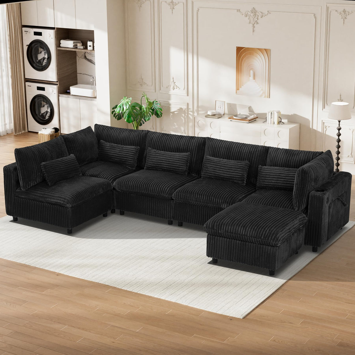 130" Oversized Cloud Couch Large Modular Sectional Sofa Modern U Shaped Sectional Couch 6 Deep Seat Sofa Set for Living Room Comfy Plush Corduroy Cloud Sofa with Ottoman, USB Port, Cup Holder, Black ONEMMLION