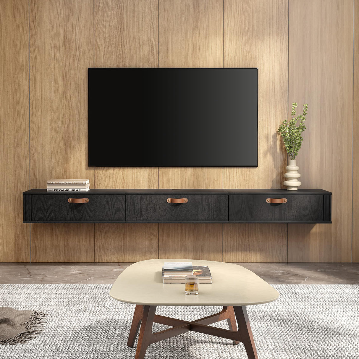 FITUEYES Black Floating TV Stand,70" Modern Media Console Entertainment Center with 3 Flip-Down Doors,Under TV Floating Cabinet Hutch Storage Desk for Living Room, Bedroom FITUEYES