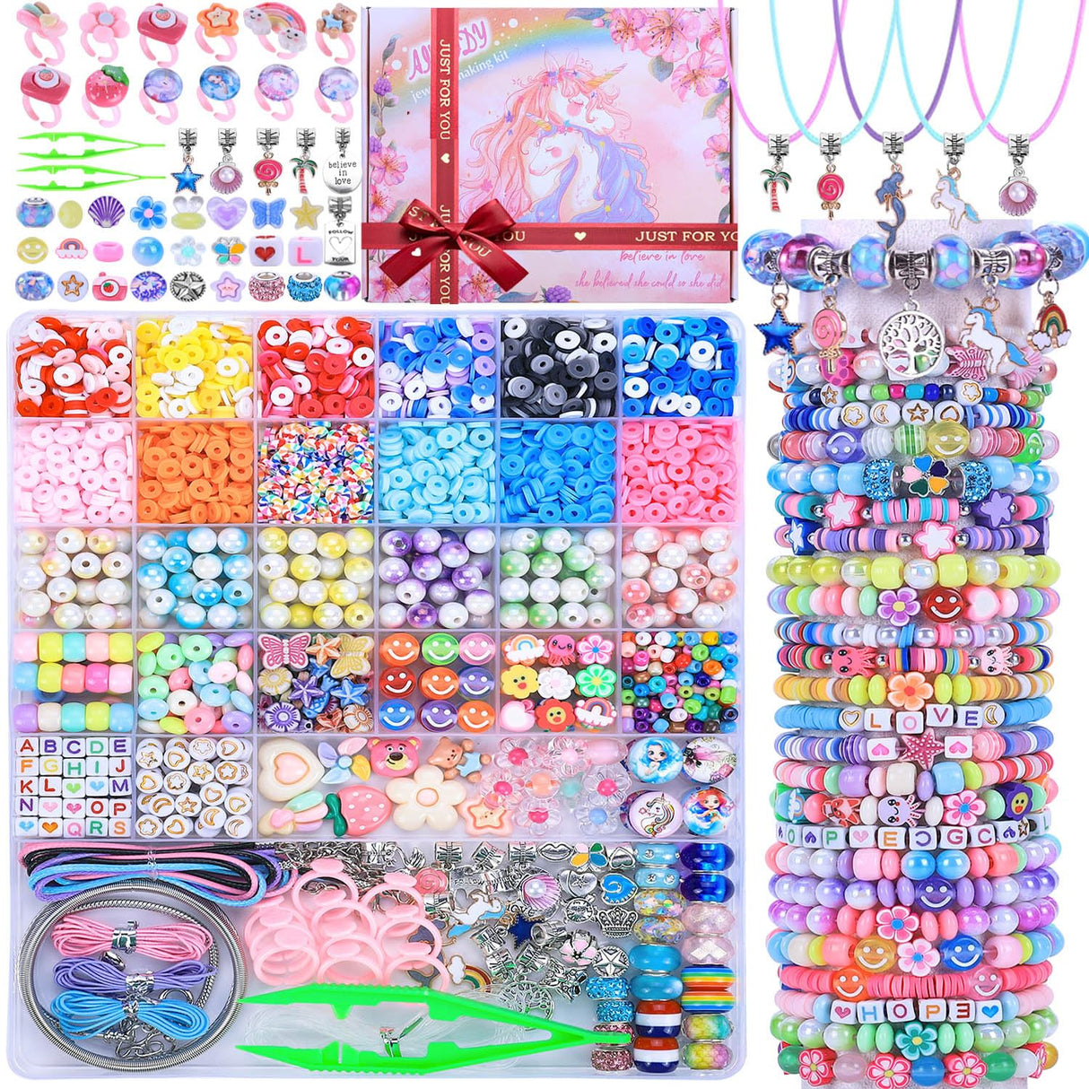 AIPRIDY 3200 Pcs Unicorn Jewelry Activity Kit,Clay Beads Bracelet Making Kit,Flat College Style Beading for Friendship Jewelry Making,Crystal Time Gem Ring Gifts,DIY Crafts for Teen Girls(Pink) AIPRIDY