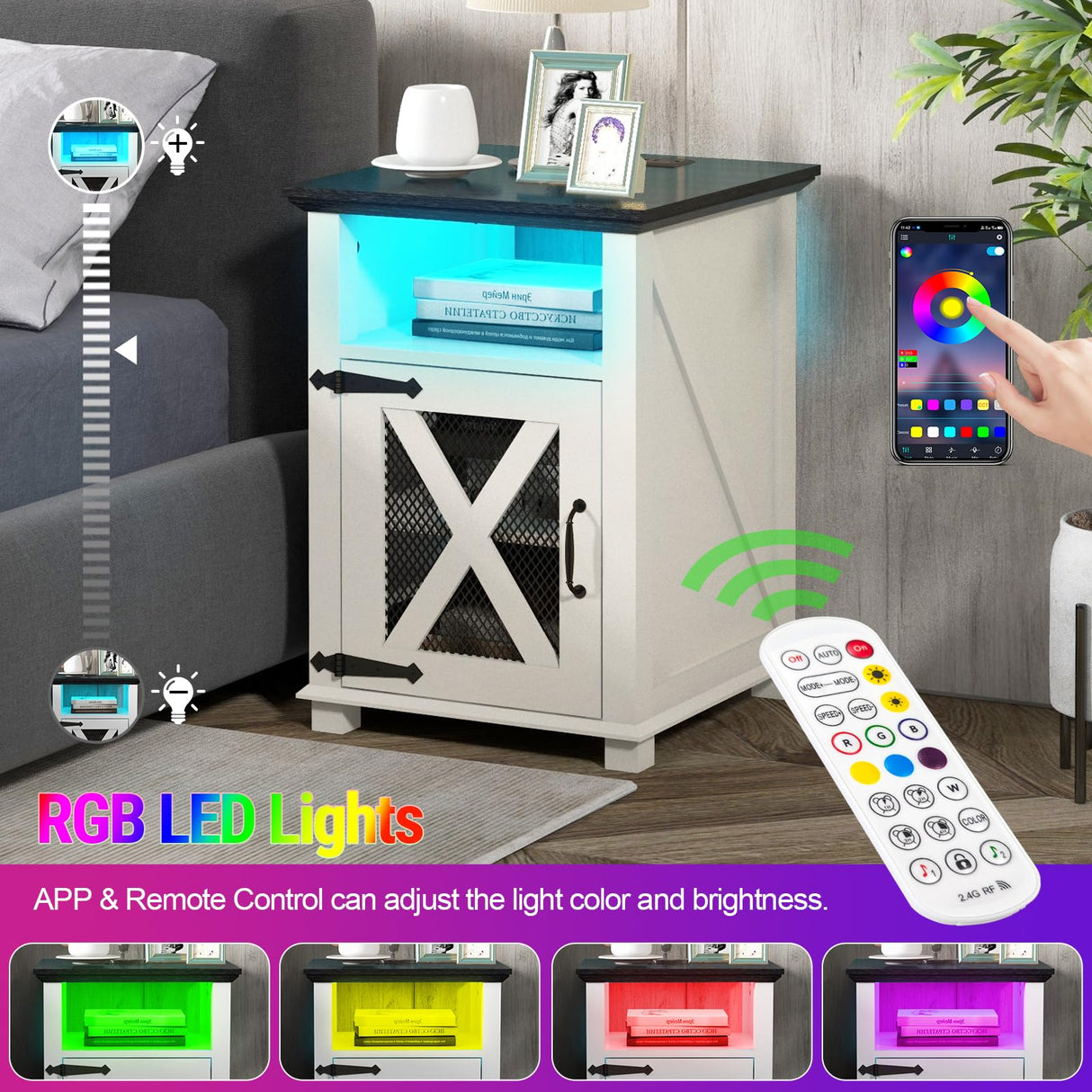 Livofloral Farmhouse End Tables with Charging Station, LED Nightstand with Power Outlets, Bedside Table with Charger Station, White Side Table for Living Room with Storage & Barn Door Livofloral