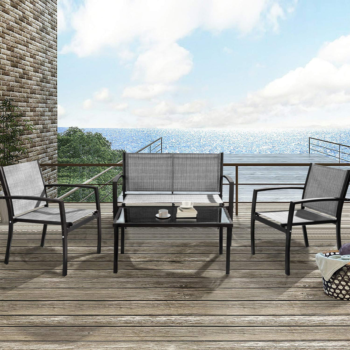 Tuoze 4 Pieces Outdoor Patio Furniture Set Conversation Set with Glass Coffee Table Bistro Set with Loveseat Garden Yard Lawn and Balcony (Grey) Tuoze