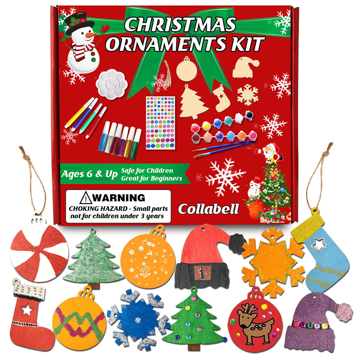 Christmas Wooden Painting Craft Kit, Paint Your Own Xmas Ornaments, Unfinished Wood Slices Christmas Crafts for Kids Adults, Art and Craft Supplies for Christmas Tree Hanging Decorations Collabell