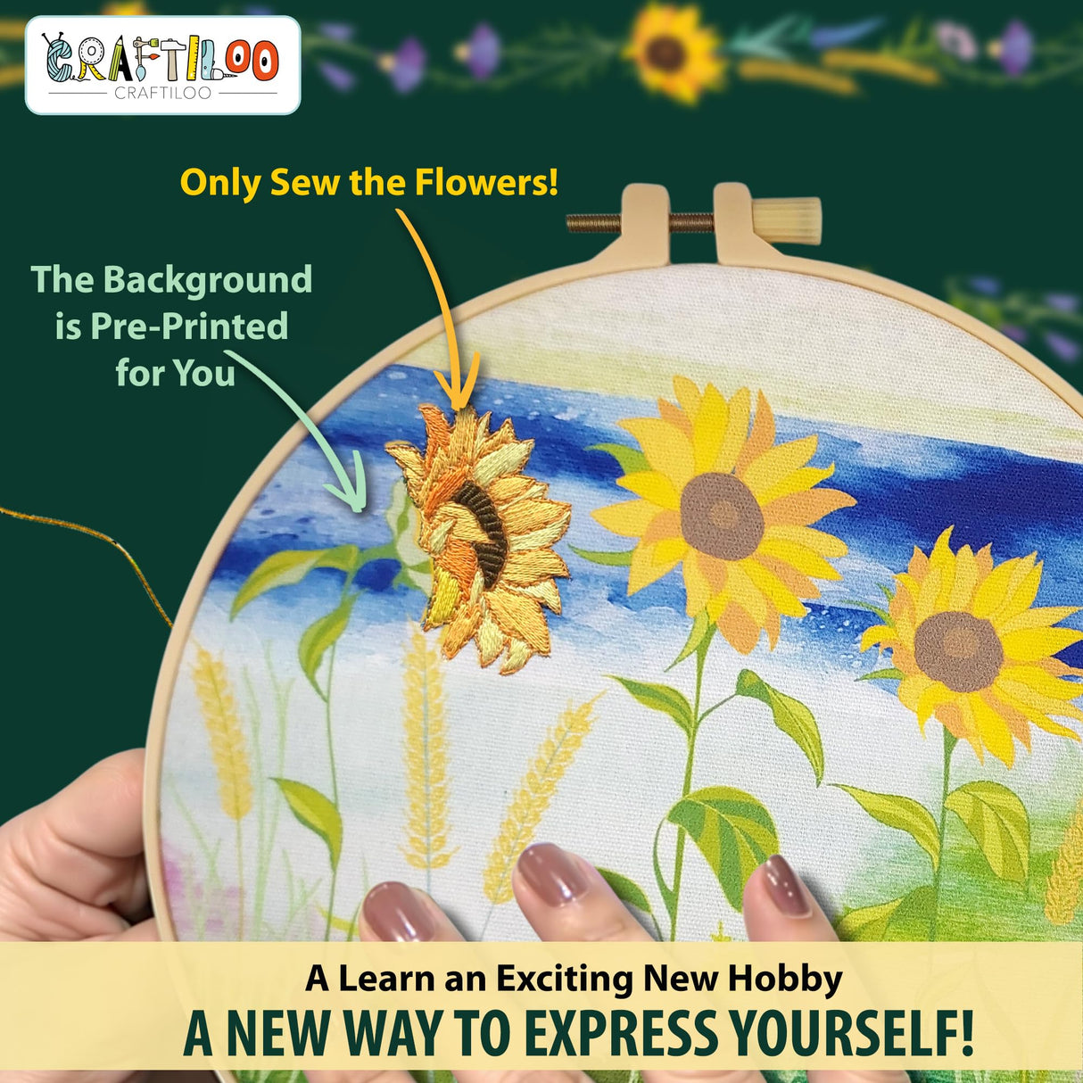 CRAFTILOO 4 Pack Embroidery Kit for Beginners Stamped Cross Stitch Kits for Beginners Needlepoint Kits for Adults Sunflower Cross Stitch Embroidery Kits Needlework Kit DIY Crafts for Woman CRAFTILOO