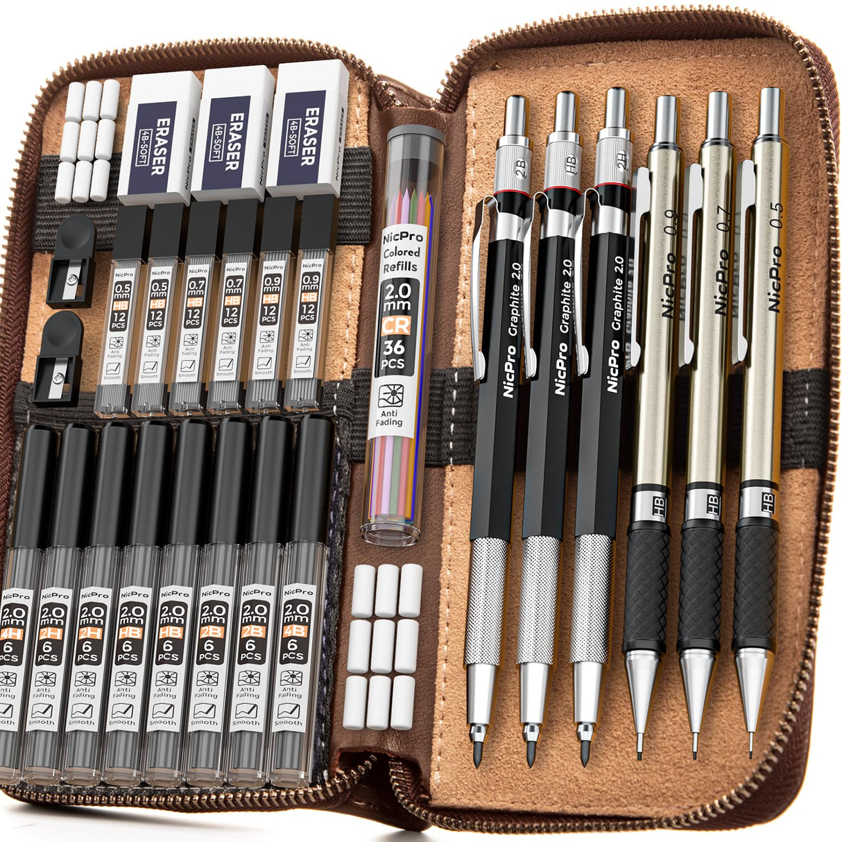 Nicpro 30PCS Art Mechanical Pencil Set in Leather Case, Metal Drafting Pencil 0.5 mm, 0.7 mm, 0.9 mm & 3 PCS 2mm Lead Holders for Sketching Drawing With 16 Tube (6B 4B 2B HB 2H 4H Colors) Lead Refills Nicpro