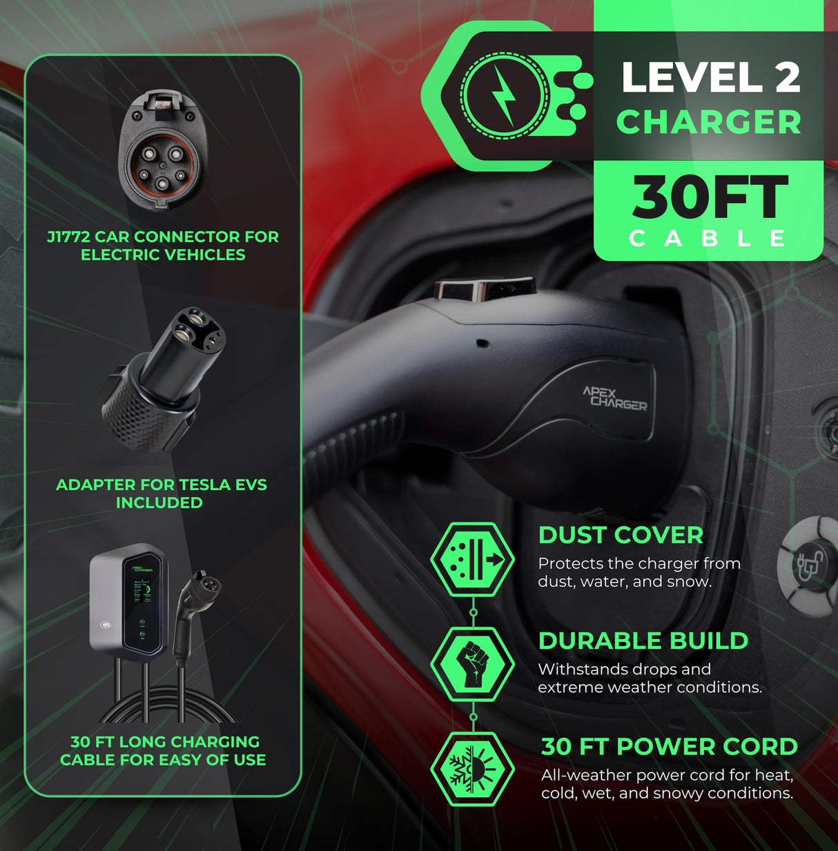 MACH 1: Fast 48 Amp Level 2 EV Charger, Wall-Mount Electric Vehicle Charging Station, 200-240V Hardwire or NEMA 14-50. J1772 car Connector & Tesla NACS, Indoor/Outdoor, 30ft Cable evse Adapter ApexCharger