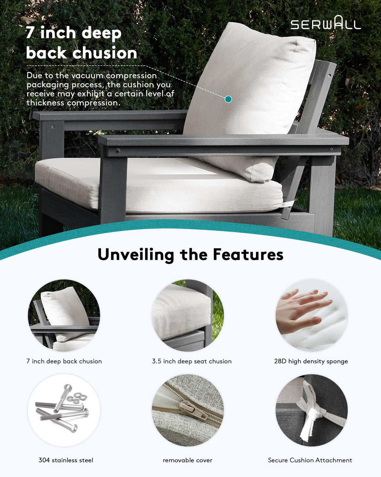 SERWALL HDPE Patio Conversation Set, 6-Piece Sectional Outdoor Furniture Set, All Weather Outdoor Couch Set Patio Furniture Set for Deck, Lawn, Grey Frame with Khaki Cushion SERWALL