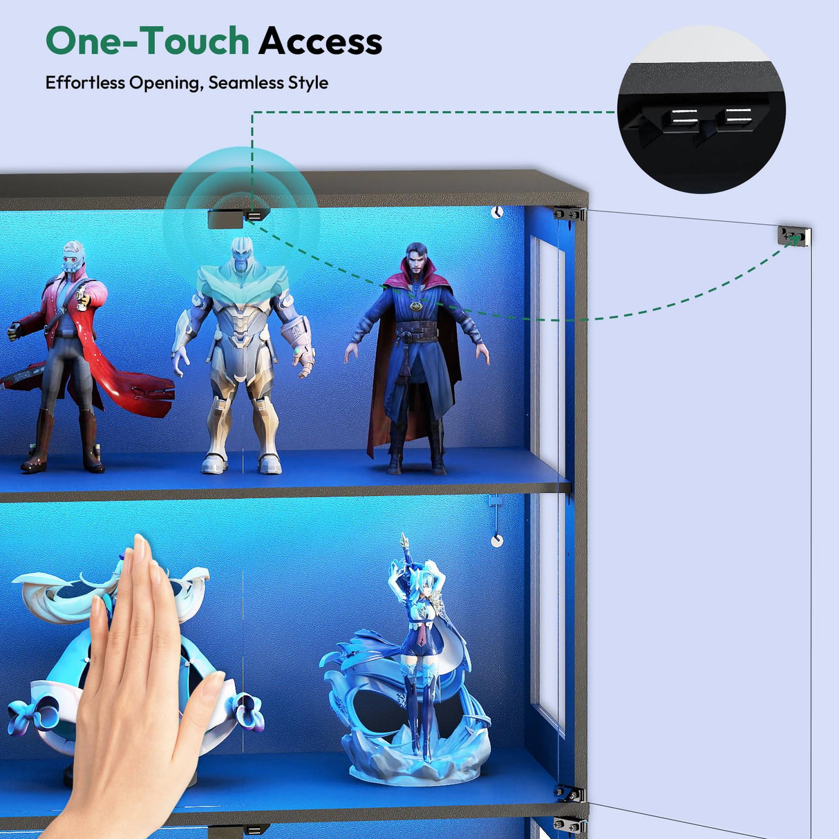 Lamtor Glass Display Cabinet with Doors - Curio Cabinet with Dynamic LED Lights for Collectibles, 67" Display Case with 4 Tier and Drawers for Figure, Toys, Books, Black Lamtor