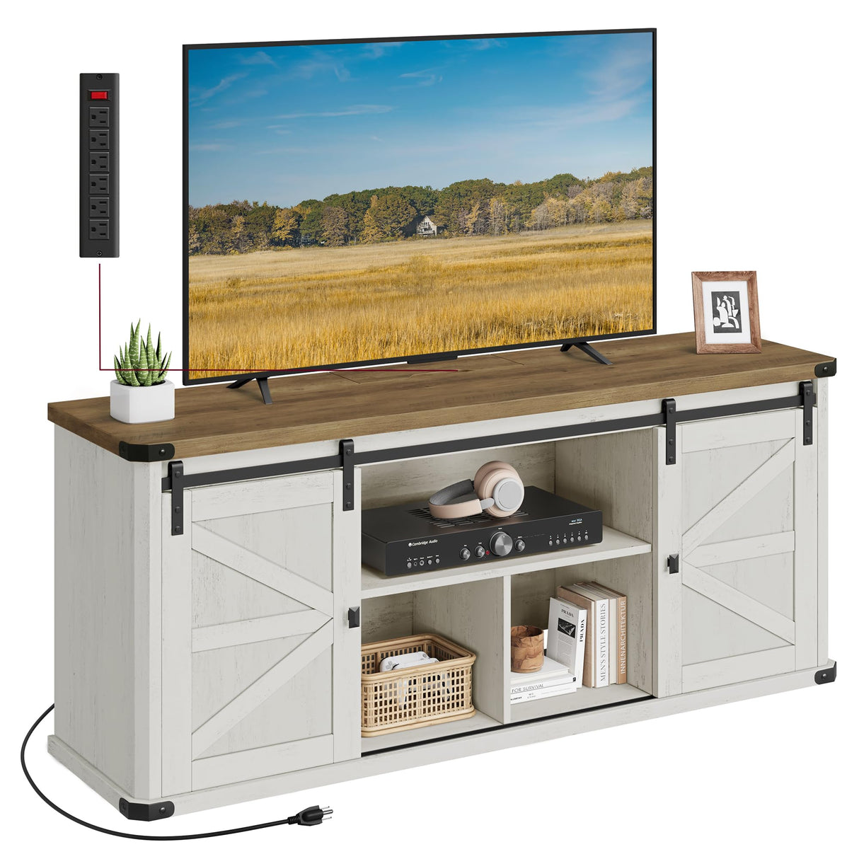 VASAGLE TV Stand for TVs up to 65 Inches, Farmhouse Entertainment Center with Sliding Barn Doors, TV Console Table for Living Room, Rustic White and Honey Brown ULTV324W73 VASAGLE
