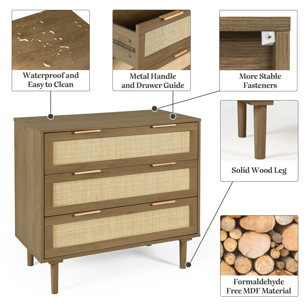 HOPUBUY 3 Drawer Dresser for Bedroom, Rattan Dresser Modern Closet Dressers Chest of Drawers, Wood Brown 3 Drawer Storage Chest for Kids Bedroom, Hallway, Living Room HOPUBUY