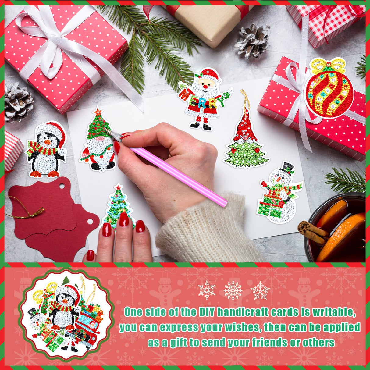 Hungdao 64 Pcs Diamond Art Christmas Ornaments Kits Christmas Crafts for Adults Diamond Gem Art Winter Hanging Ornaments 5d DIY Painting Keychains Xmas Crystal Tree Snowman Home Decor(Classic Red) Hungdao