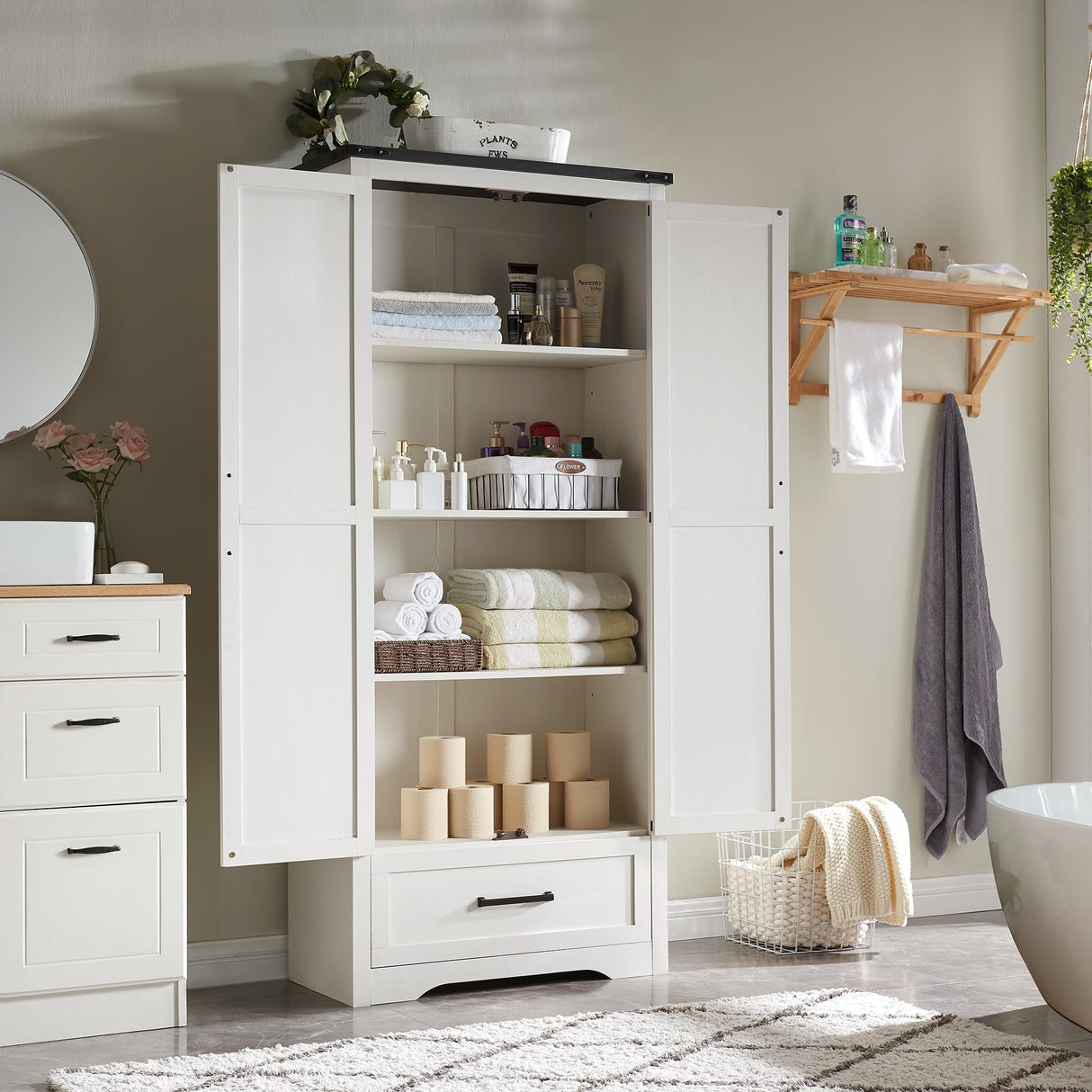Farmhouse Style 72" Tall Kitchen Pantry Cabinet with Adjustable Shelves & Barn Doors in Antique White JXQTLINGMU