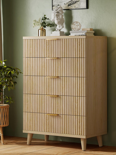 Lulive Dresser for Bedroom Wood Tall Dressers Drawers, Fluted Modern Dresser 5 Drawers Natural