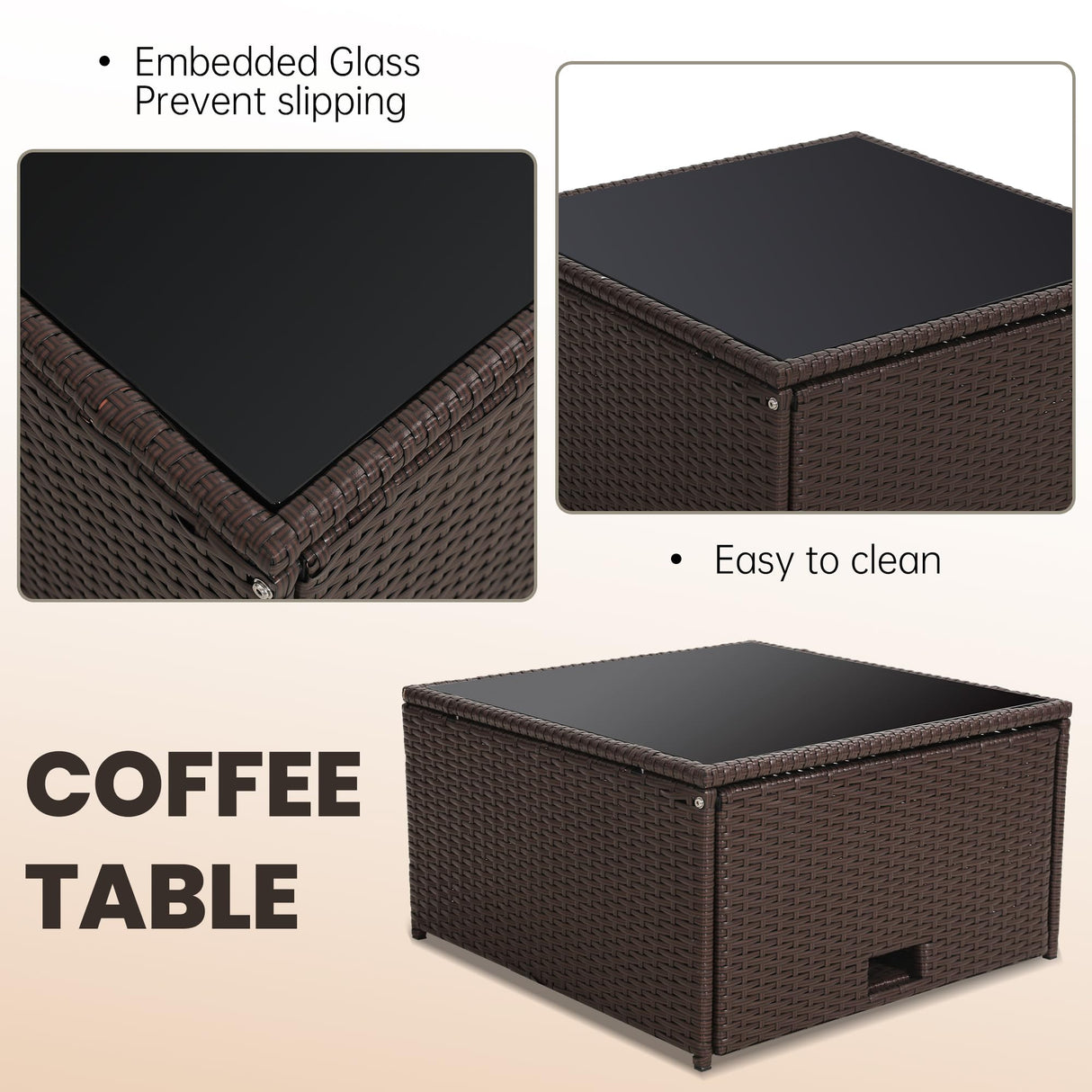 KROFEM 8 Pieces Outdoor Wicker Rattan Patio Furniture Sectional Set, Glass Top Table with Hidden Storage, 7 Sofa Sections, Oversized Cushions, Brown Color Rattan with Beige Cushion KROFEM