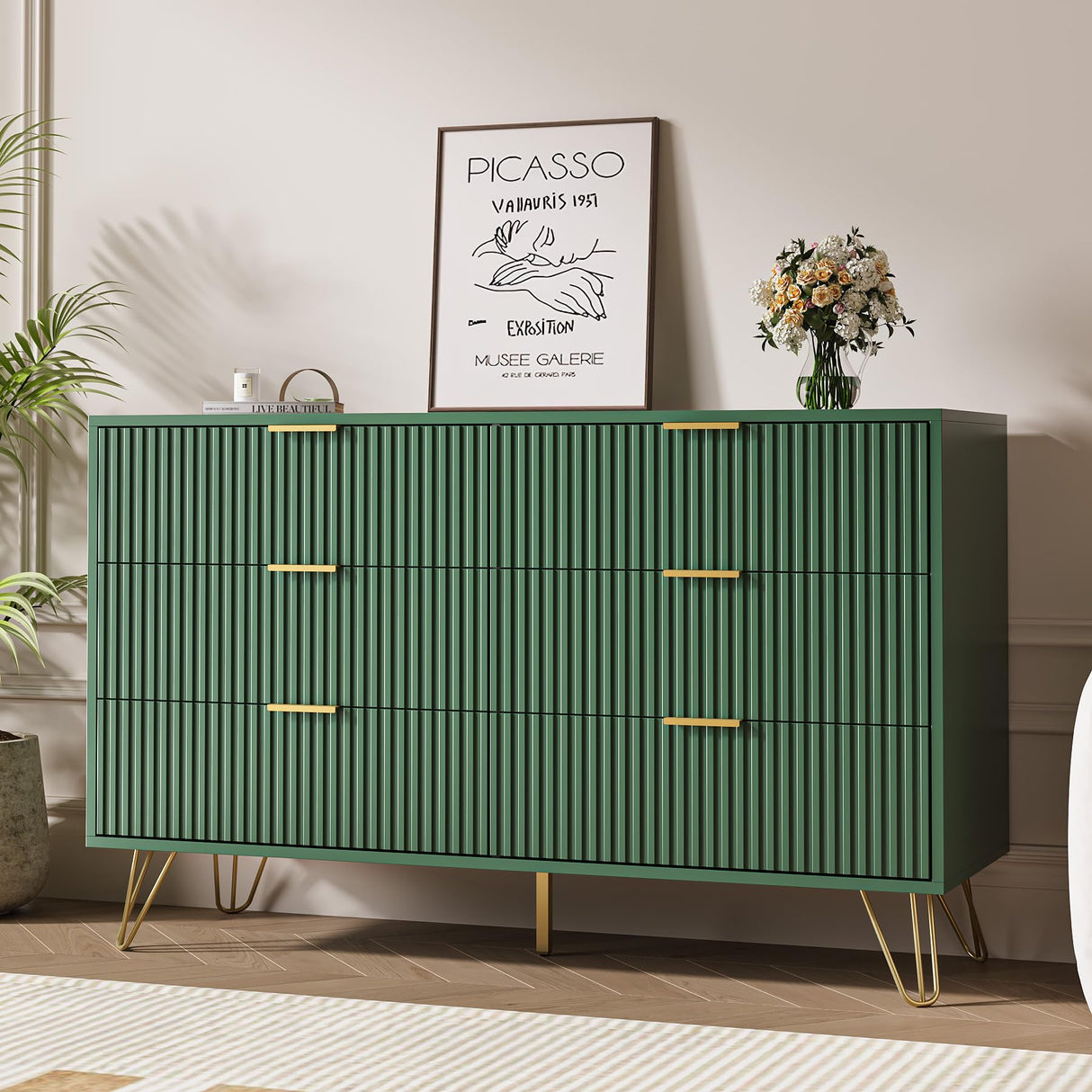 MAISONARIA Green Dresser for Bedroom, Modern Dresser with Gold Metal Handles & Chests of Drawers, Wood Chest of Drawers for Bedroom MAISONARIA
