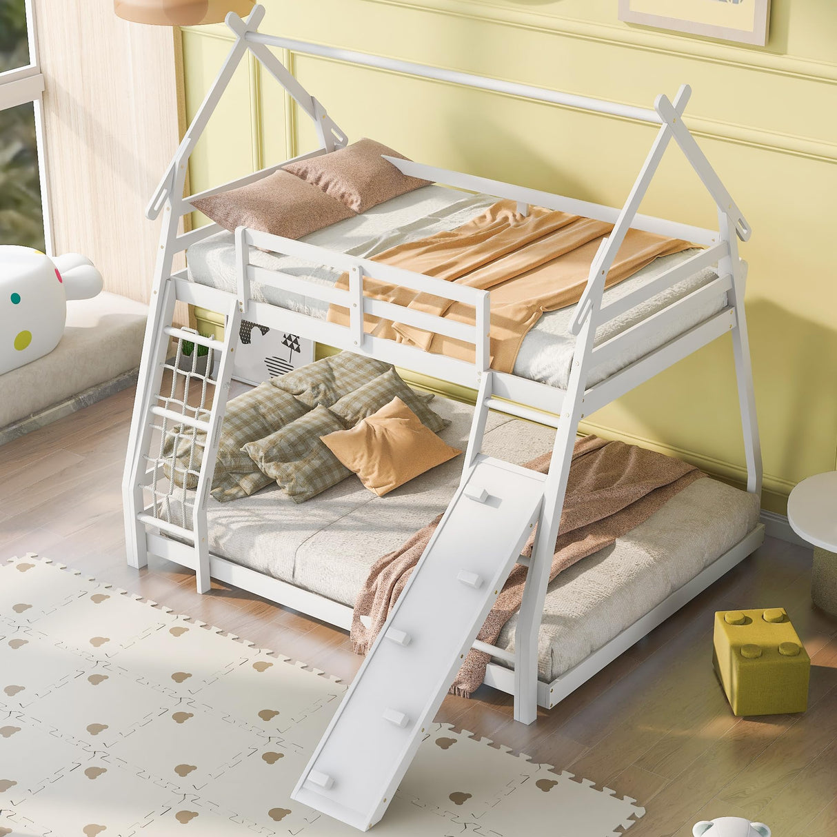 Merax Twin Over Queen House Bunk Bed Frame Solid Wood with Climbing Nets and Climbing Ramp for Boys Girls,Playroom,White Merax