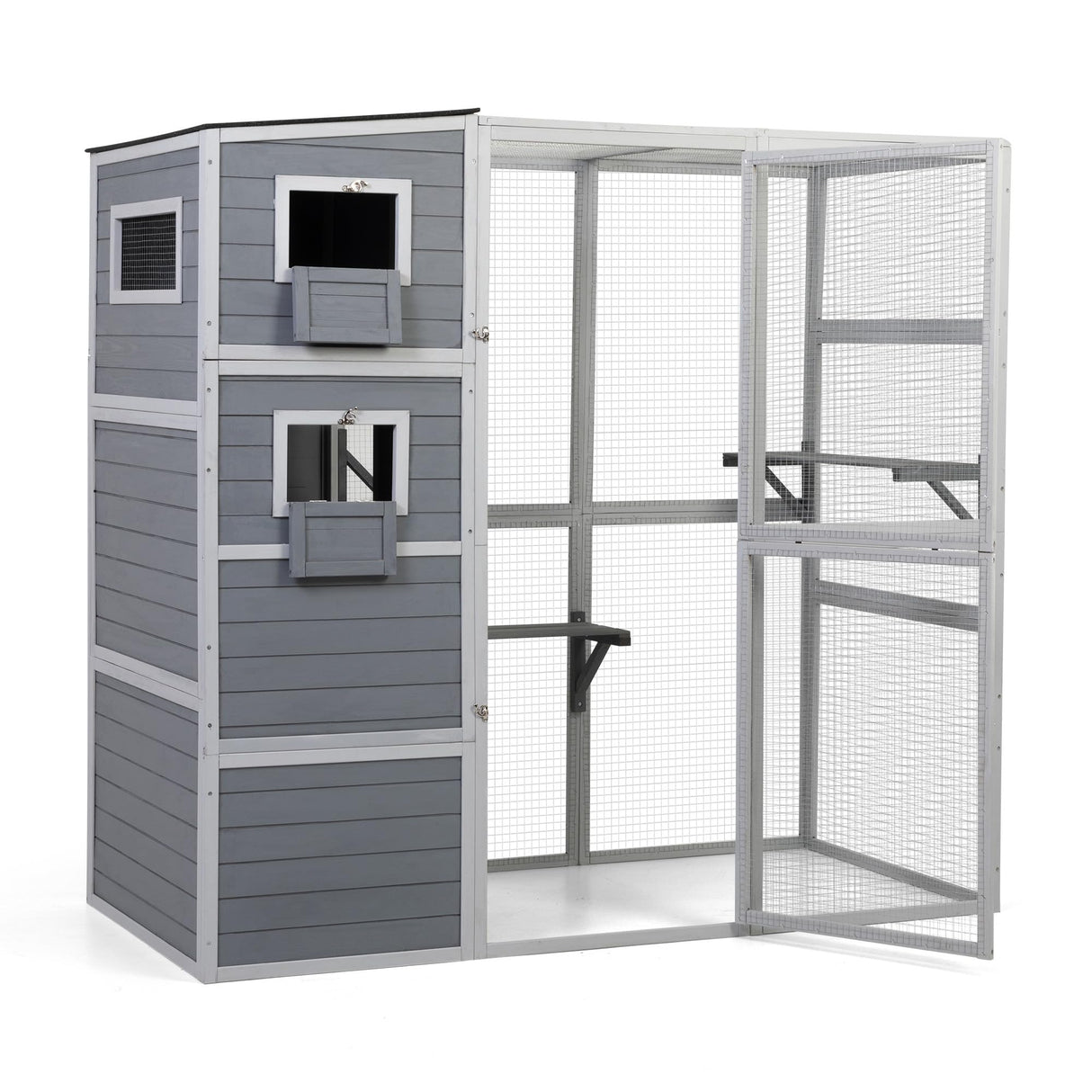 Outdoor Cat Catio, Large Cat Enclosure Cat House Weatherproof, 2 Resting Rooms, 4-Tier Cat Cage Catio for Cats w/ 2 Platforms, Wood Nyeekoy