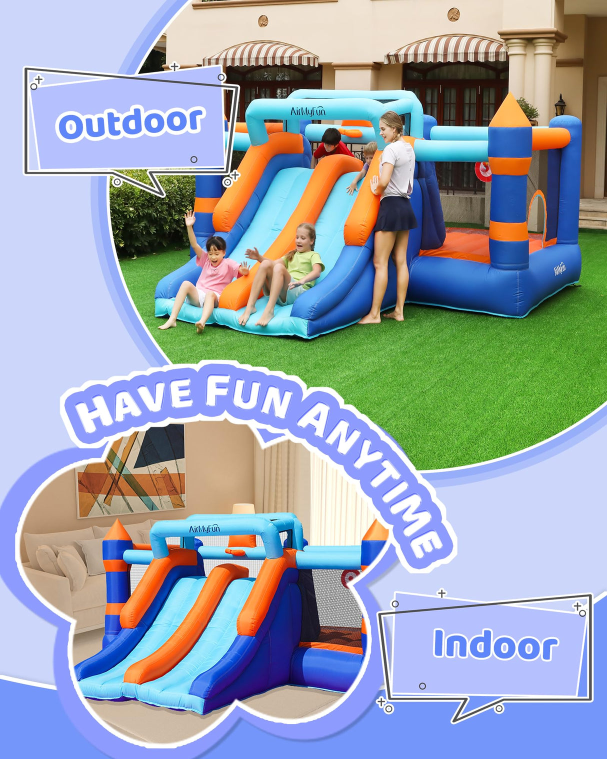 AirMyFun Inflatable Bounce House, Bouncy House with Double Slide,Jumping Bouncing House, Bounce Castle for Kids Indoor Outdoor, Playhouse with Basketball Rim, Pitching Game AirMyFun