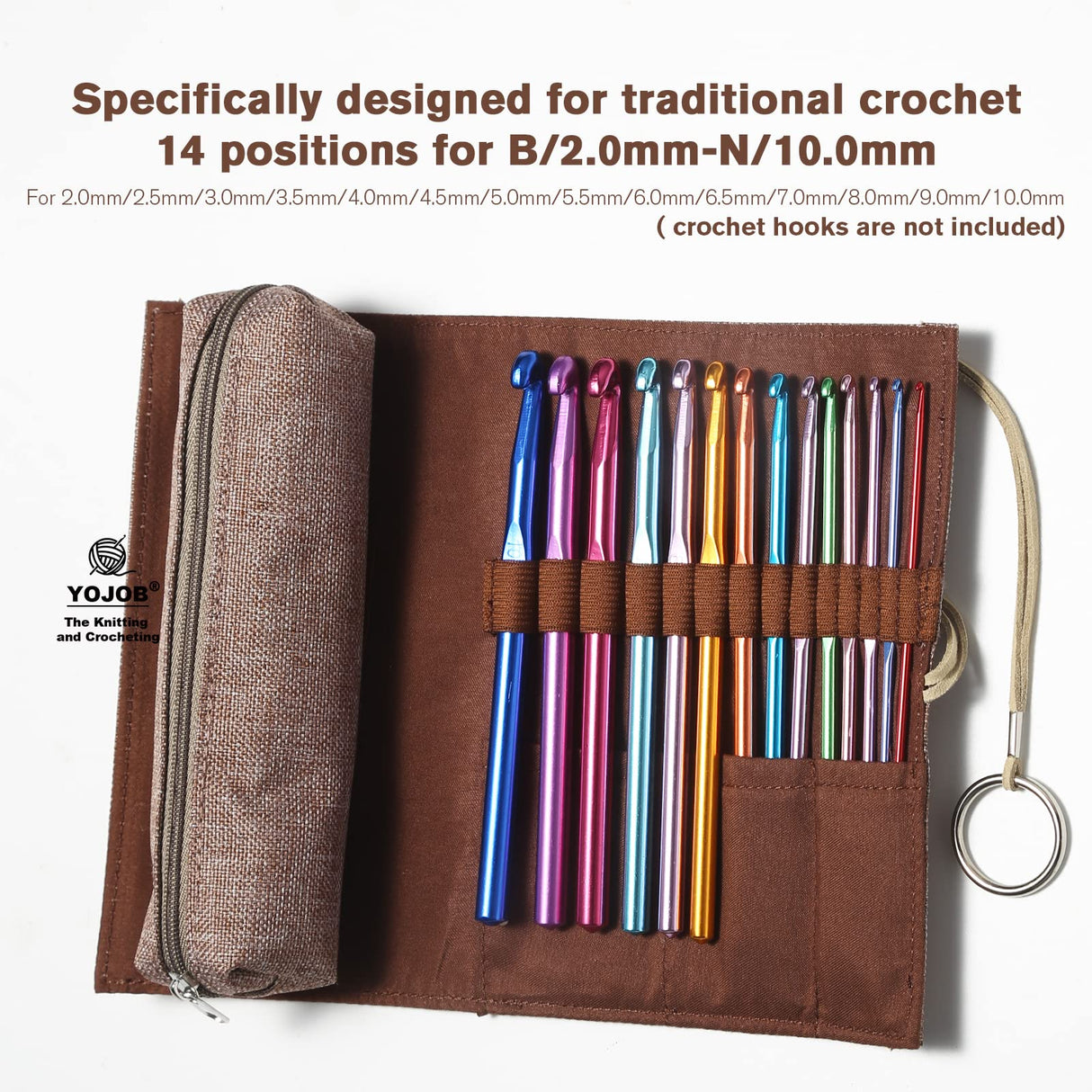 YOJOB Traditional Aluminum Crochet Hooks Case, 14 Slots Roll-up Crochet Hook Organizer with a Detached Zipper Bag (Beige-Orange) YOJOB