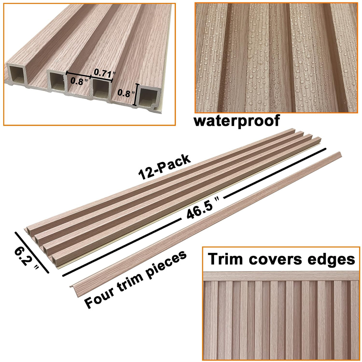 Yutianli 12-Pack Slat Wall Panel 3D WPC Grille for Walls Oak Textured Wood Plastic Composite Panel Wood Strip Texture 3D Wall Panels Yutianli