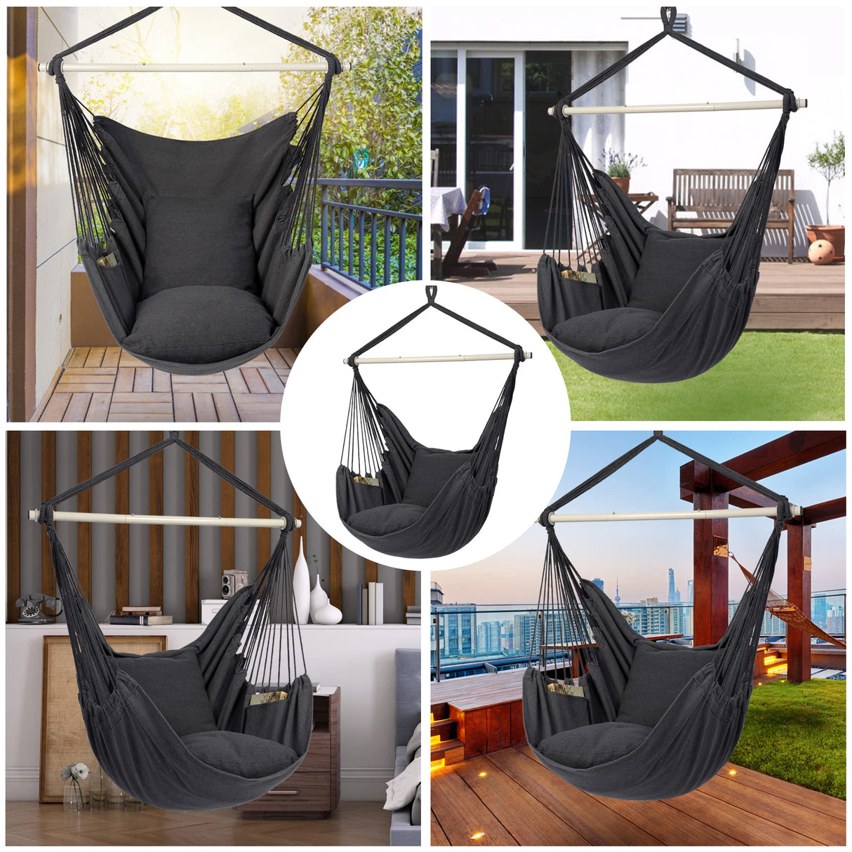 Y- Stop Hammock Chair Hanging Rope Swing Chair, Max 500 Lbs, 2 Seat Cushions Included, Removable Steel Spreader Bar with Anti-Slip Rings, Hardware kit-for Indoor or Outdoor(Dark Grey) Y- STOP