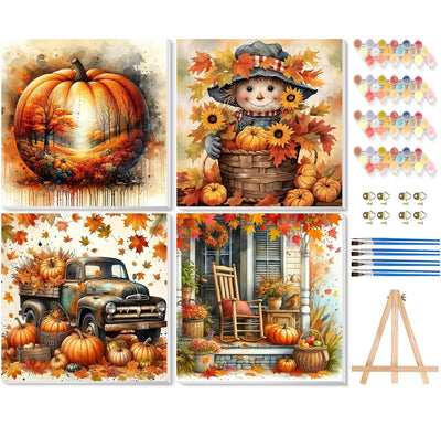VIGEGU 4 Pack Thanksgiving Paint by Numbers Kit for Adults with Framed,Fall Pumpkin Paint by Number with Wooden Easel DIY Autumn Scarecrow Truck Adult Paint by Number Kits for Wall Decor 10x10in