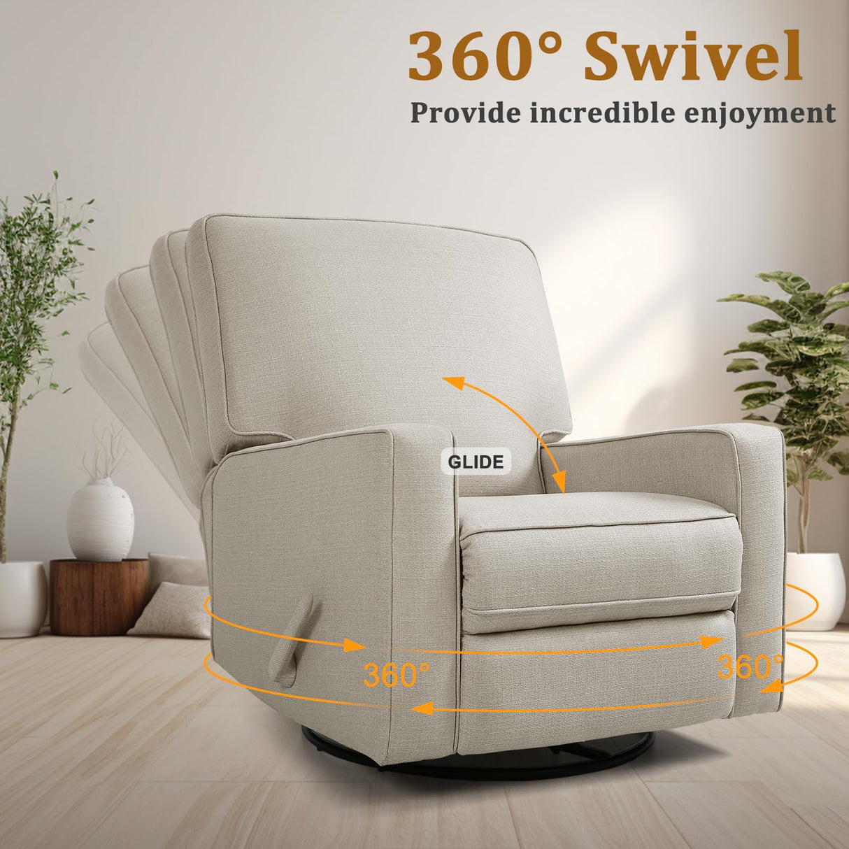 KeyEnergy Swivel Rocker Recliner Chair for Adults, High Back Fabric Recliner with Deep Seat, Manual Glider for Living Room & Nursery, Beige KeyEnergy