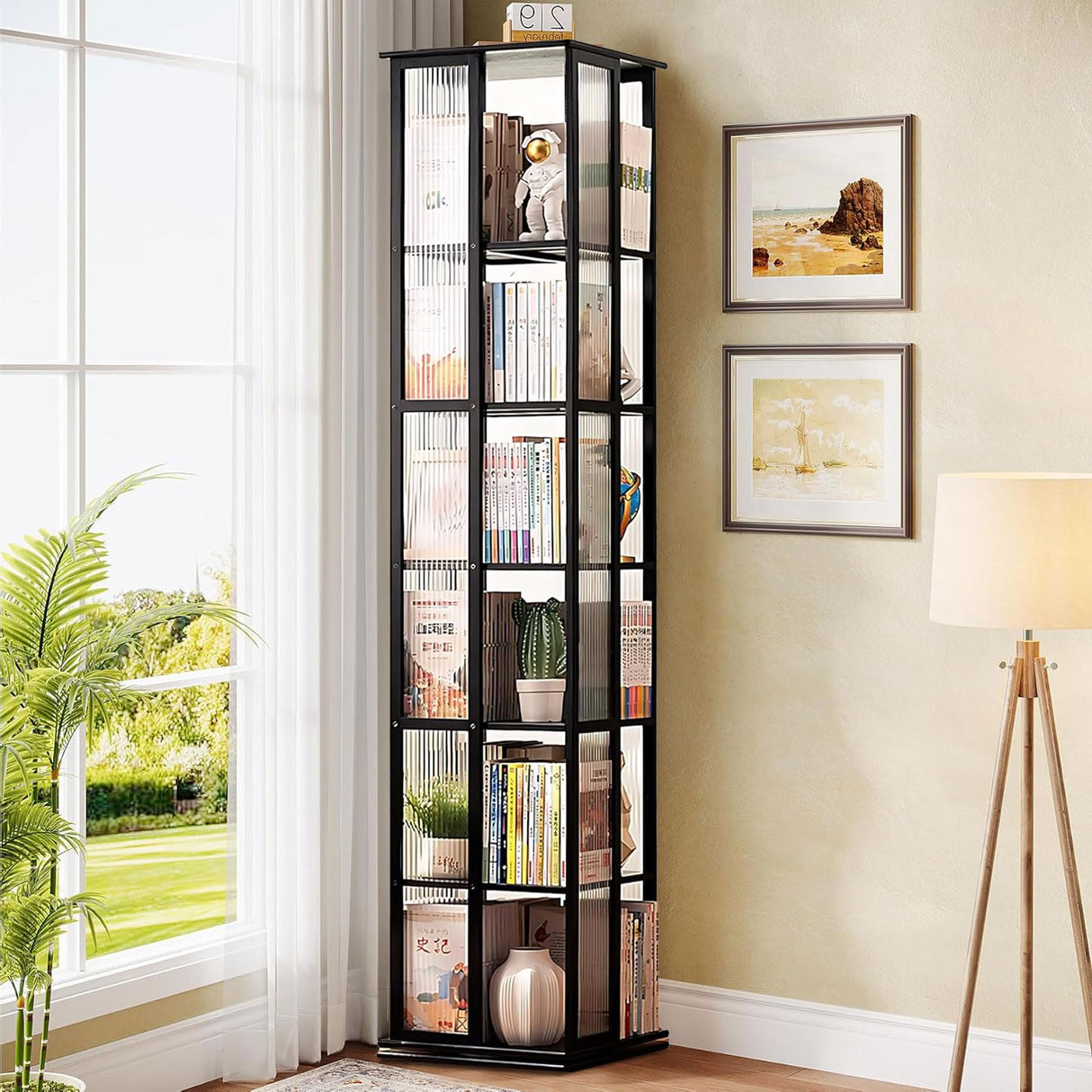 HMBTCRY Rotating Bookshelf, 360 Display Spinning Bookshelf, 6 Tier Rotating Bamboo Bookshelf for Living Room, Bedroom, Study Room (Black) HMBTCRY