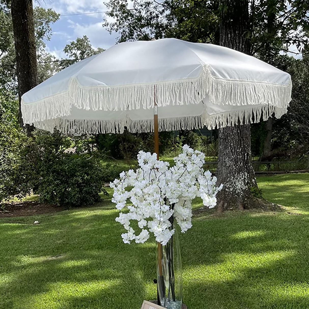 AMMSUN 7ft Patio Umbrella with Fringe Outdoor Tassel Umbrella UPF50+ Premium Steel Pole and Ribs Push Button Tilt, White Cream AMMSUN