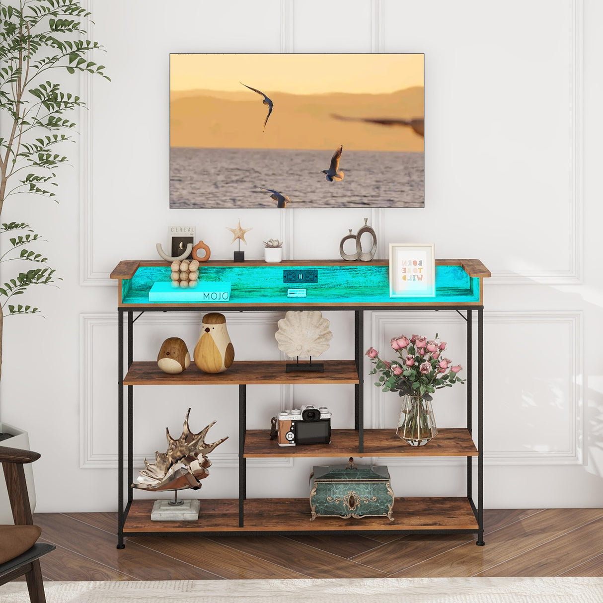 Welfuturer Console Table with Outlets and USB Ports 4Tier Sofa Table with LED Light and Open Shelves Industrial Entryway Hallway Side Table for Living Room Foyer Couch Hallway Rustic Brown Welfuturer