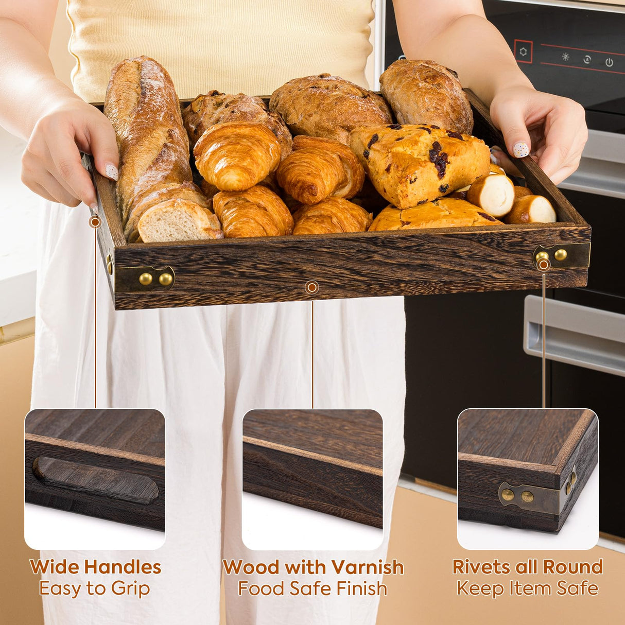 Yangbaga Serving Tray with Handles,13"*13"Wood Decorative Tray for Living Room,Modern Coffee Table Tray,Square Large Serving Platters for Home Decor,Ottoman,Bed,Kitchen,Bathroom, Breakfast,Bar Yangbaga