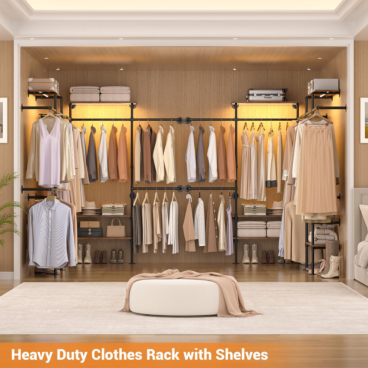 Cyclysio Industrial Pipe Clothing Rack, Reversible 7.25FT Wall Mounted Clothes Rack, Heavy Duty Garment Racks Closet Wardrobe with LED Lights& Shelves, Walk-in Closet System, Brown Cyclysio