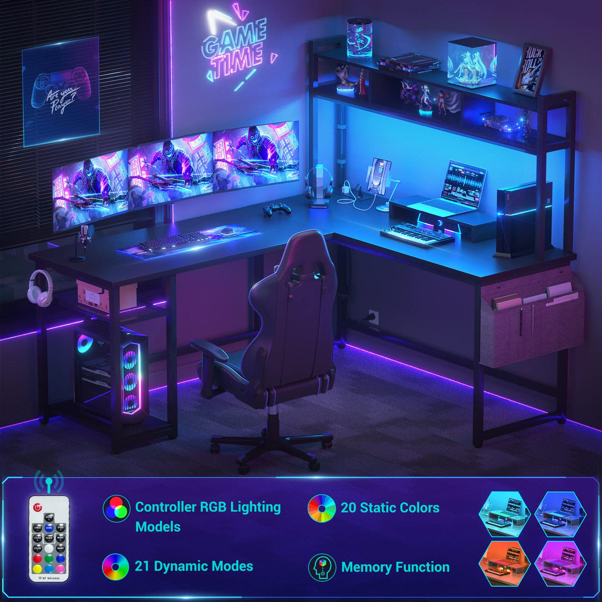 Aheaplus Reversible L-Shaped Desk with Power Outlet, LED Strip, and Storage – Modern Black Gaming & Home Office Solution Aheaplus