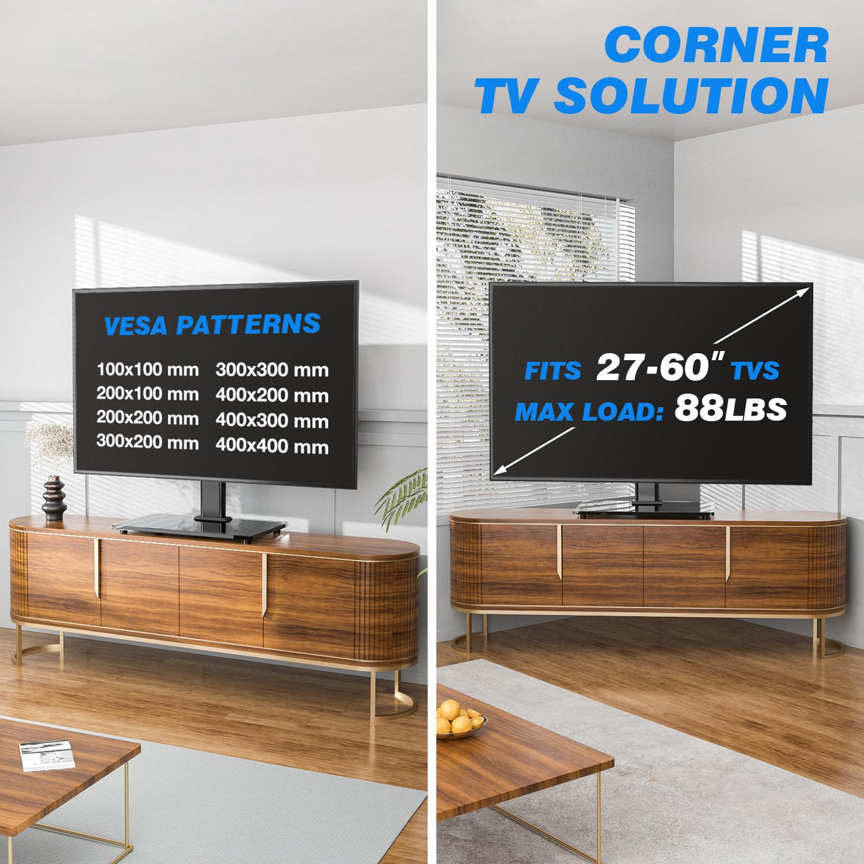 Rfiver Universal Table Top TV Stand TV Base Replacement for Most 27 30 32 39 40 42 43 49 50 55 60 Inch LCD LED Plasma Flat Screen TVs, Vesa Mount Holds up to 88 lbs, Height Adjustable Rfiver