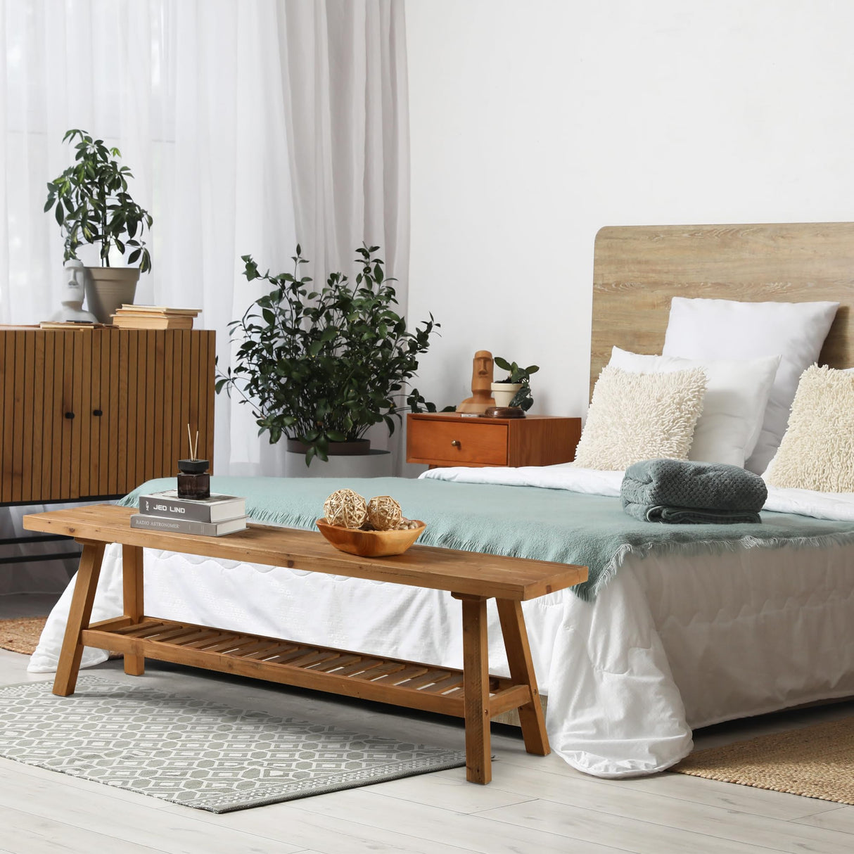 HOKYHOKY Reclaimed Solid Wood Bench-55 Inches Farmhouse Entryway Bench with Storage Shelf, Narrow Rustic Bench for Hallway, Kitchen, Bedroom, Dining HOKYHOKY