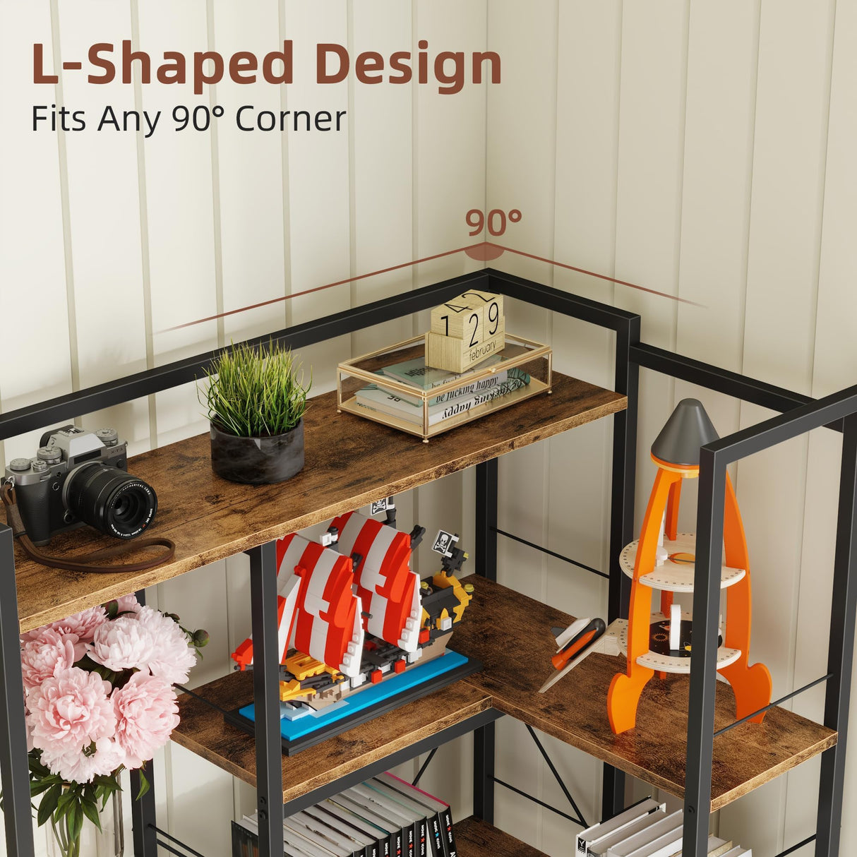 AFLUI Corner Bookshelf with LED Lights & 6 Fabric Drawers, 5-Tier Industrial L-Shaped Bookcase with Acrylic Display Shelf for Living Room, Office AFLUI