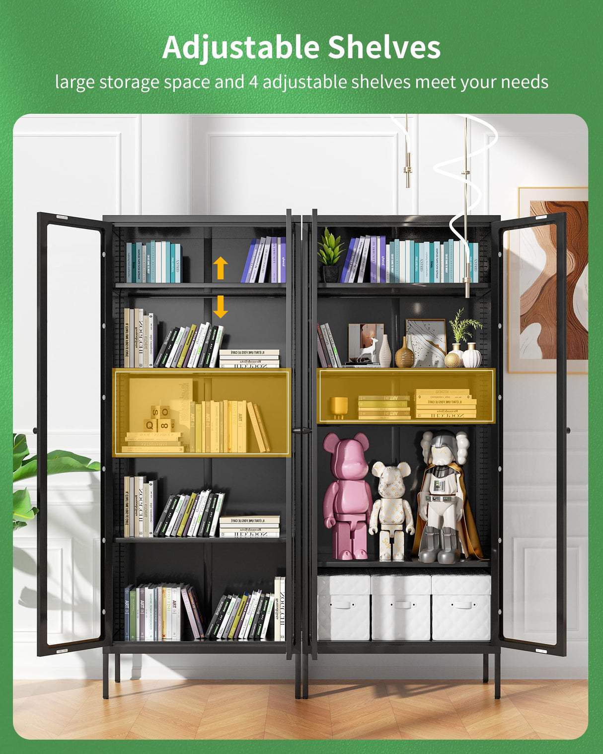 Greenvelly Metal Glass Display Cabinet with 5-Tier Storage Shelves, Tall Curio Cabinets with Glass Doors and Shelves, Black Steel Cabinet Collectibles Display Case for Home Office, Living Room, Pantry Greenvelly