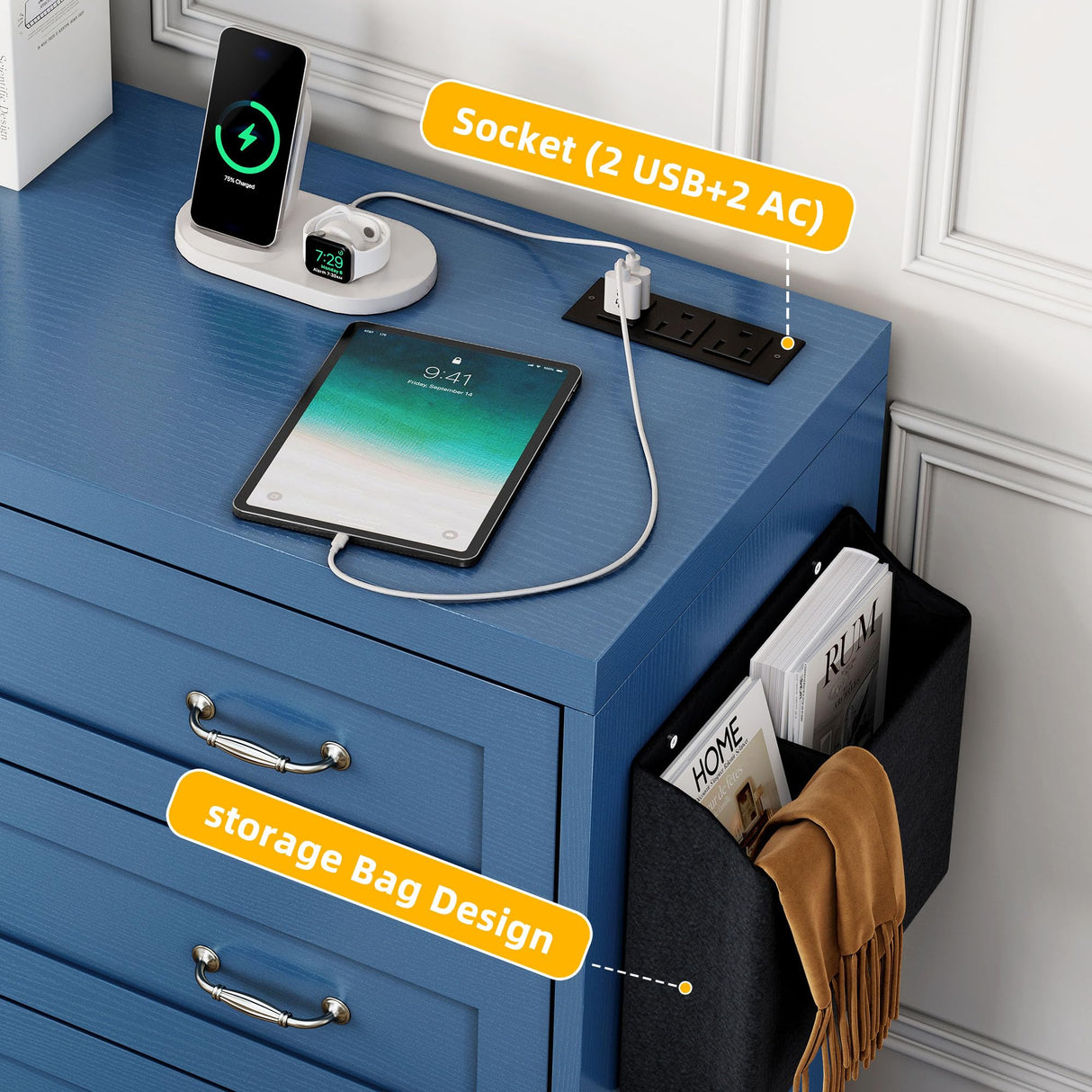 DWVO Farmhouse 6 Drawer Dresser for Bedroom, 31.5 Inch Tall Modern Dresser TV Stand with Large Drawers & Bar Handles, Storage Dressers with Power Outlets, Rustic Wood Chest of Drawers, Blue DWVO