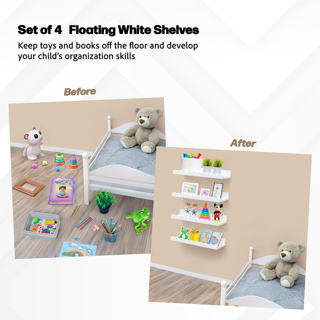 Green Goods Supply Scalloped Shelves - Set of 4 Pre-Assembled 15.6inch White Floating Nursery Book Shelves, Scalloped Book Shelf - Kids Wall Decor, Nursery Decor, Floating Shelves for Wall Green Goods Supply