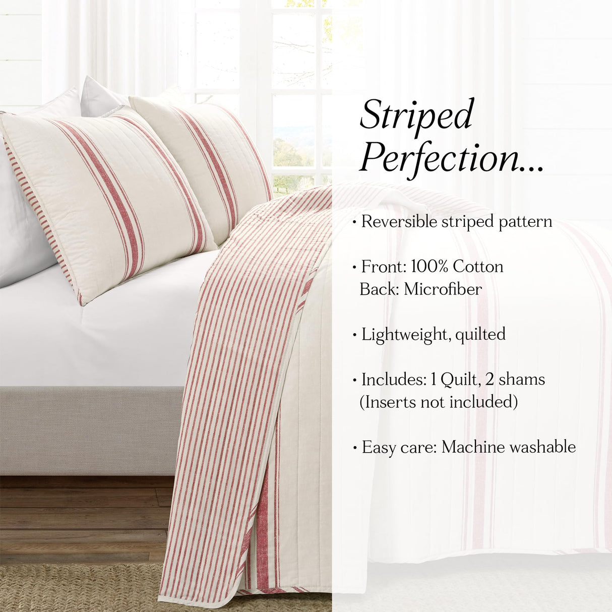 Lush Decor Farmhouse Stripe Reversible Cotton Quilt King Size 3 Piece Set Red - Farmhouse Bedding Set King Quilt - Striped Bedding Lush Decor