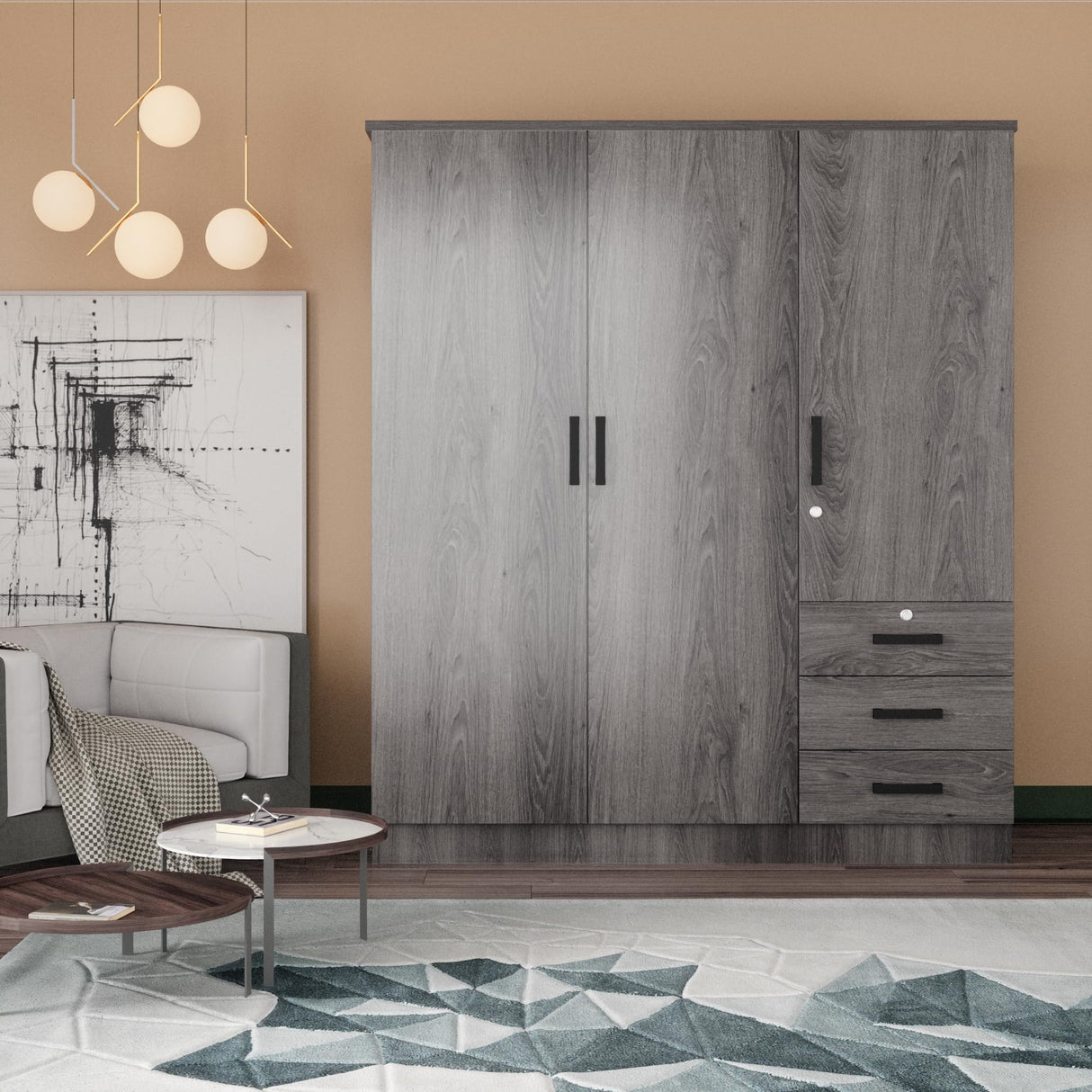 61" Wide Large Wardrobe Closet 3 Doors and 3 Drawers (Grey) Woodpeckers Furniture And Mattress