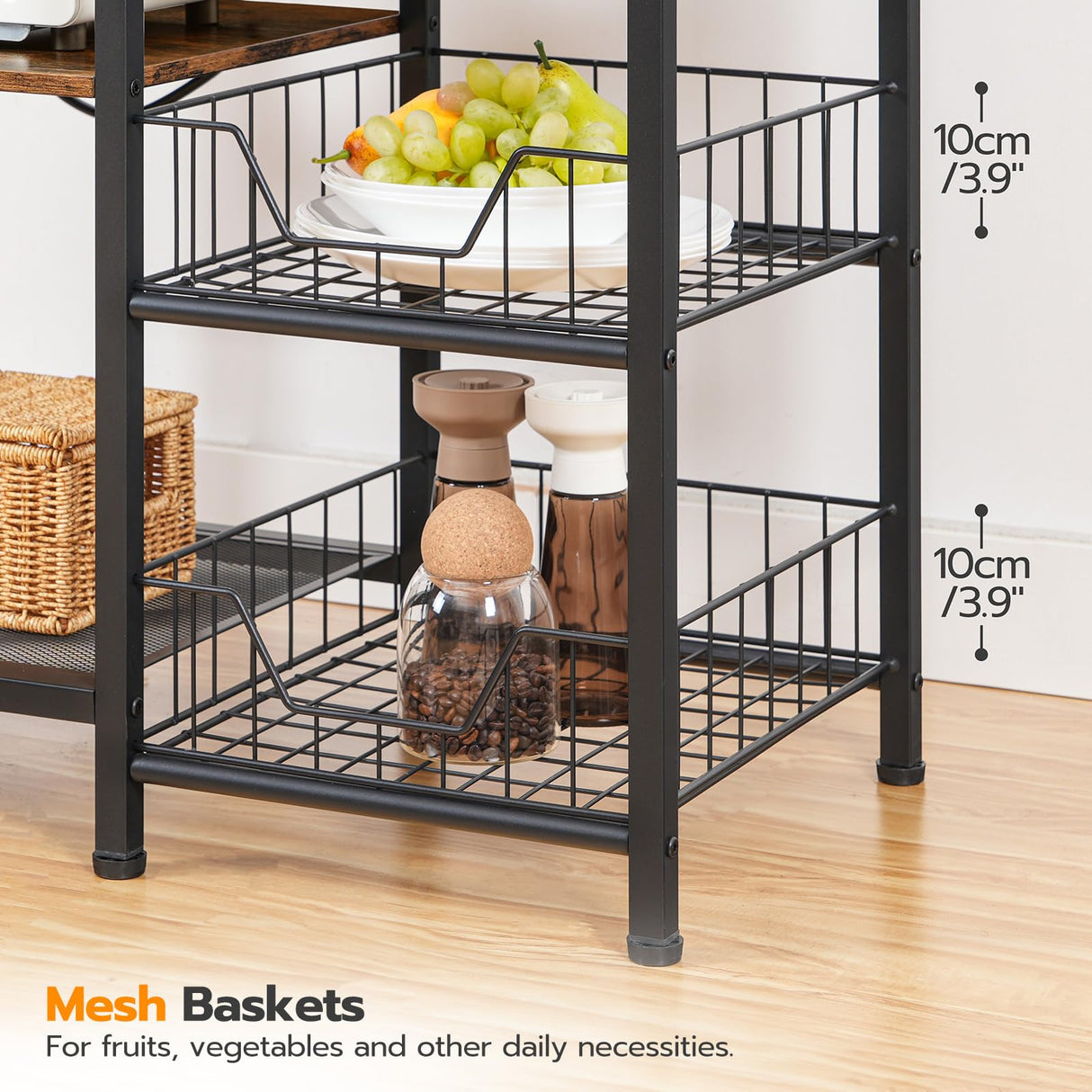 HOOBRO Bakers Rack with Power Outlet and LED Light, 6-Tier Microwave Stand with Wire Baskets, Coffee Bar Station, Kitchen Utility Storage Shelf with 4 Hooks, Rustic Brown and Black BF64UDHB01 HOOBRO