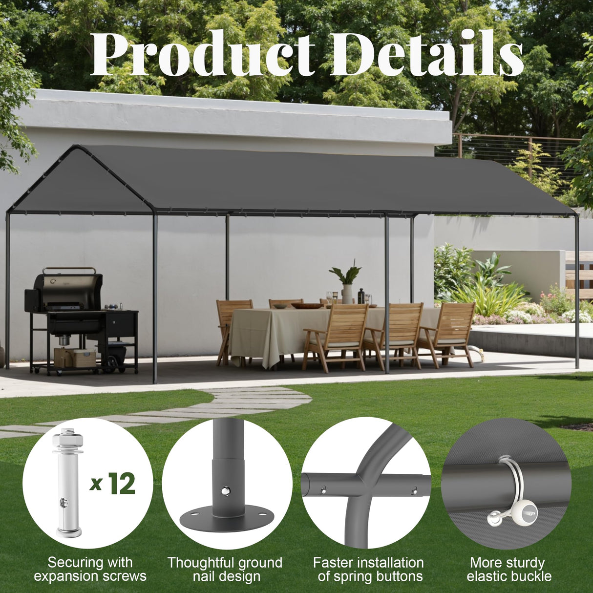 GOJOOASIS 10x20 Carport Heavy Duty Portable Garage Shelter Metal Car Canopy Tent with UV-Resistant & Weatherproof Top Cover for RV & Vehicles (Gray, 10x20 Without sidewalls) GOJOOASIS