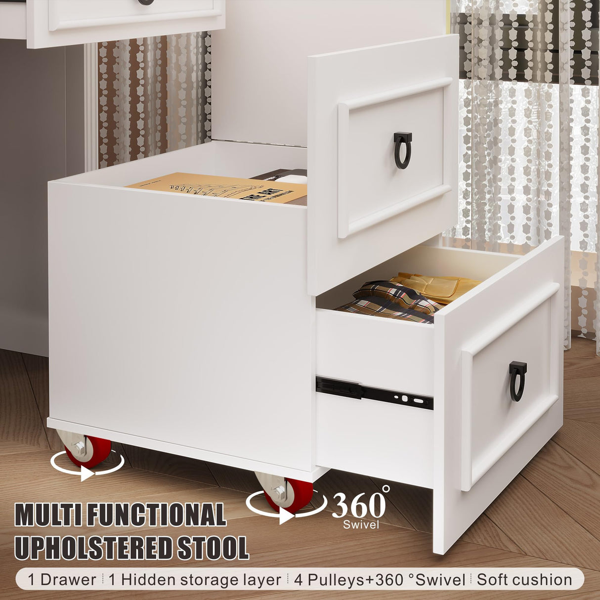 FREDEES Farmhouse Vanity Desk with Mirror,Small Makeup Vanity Set with Customizable Lighting,Compact Makeup Vanity with Hidden Storage and Comfortable Stool,Dressing Table for Bedroom,White FREDEES